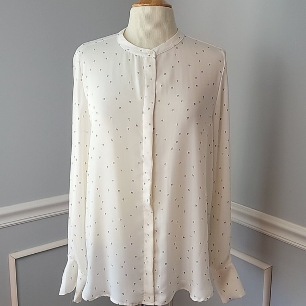 H&M Ivory Black Heart Print Collarless‎ Button Down Semi Sheer Flowy Blouse 12